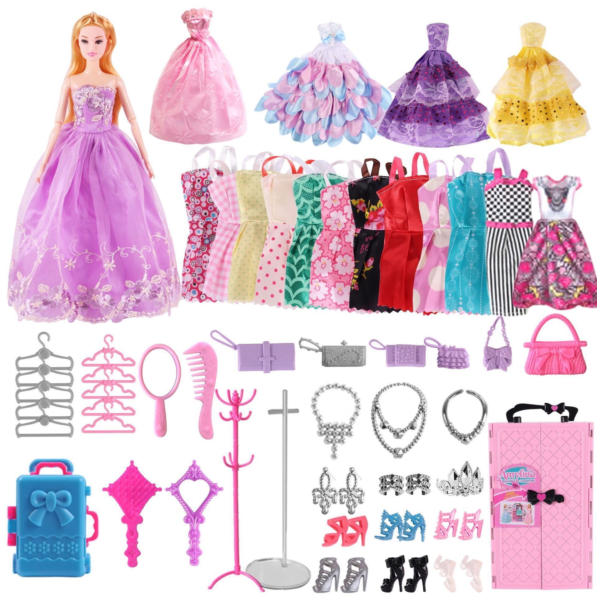 Fashionable Girl Play House Makeup Toy Dress up Princess Doll Variety Wardrobe Pink Portable Wardrobe Doll Accessories