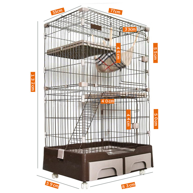 3-layer Metal Large Universal Wheel Removable Stainless Steel Wire Cat House Cage With Litter Box And Storage Box