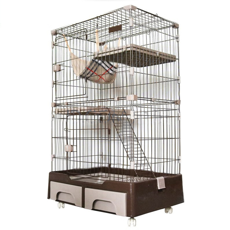 3-layer Metal Large Universal Wheel Removable Stainless Steel Wire Cat House Cage With Litter Box And Storage Box