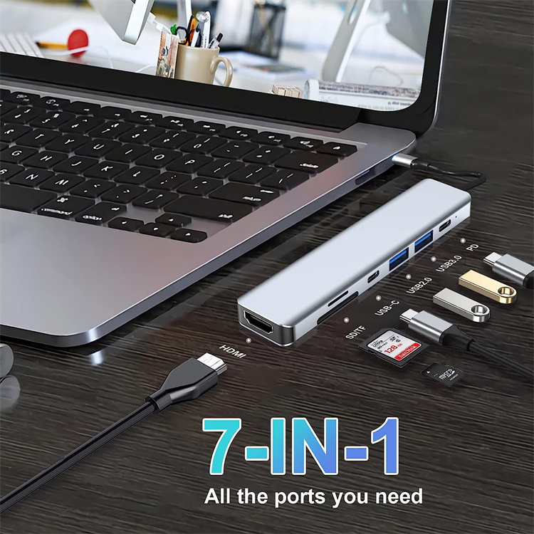 USB C Hub 7 in 1 with 4K HDMI Two USB-C Ports USB 3.0 SD/TF Card Reader Compatible with MacBook Pro and Other Type C Devices