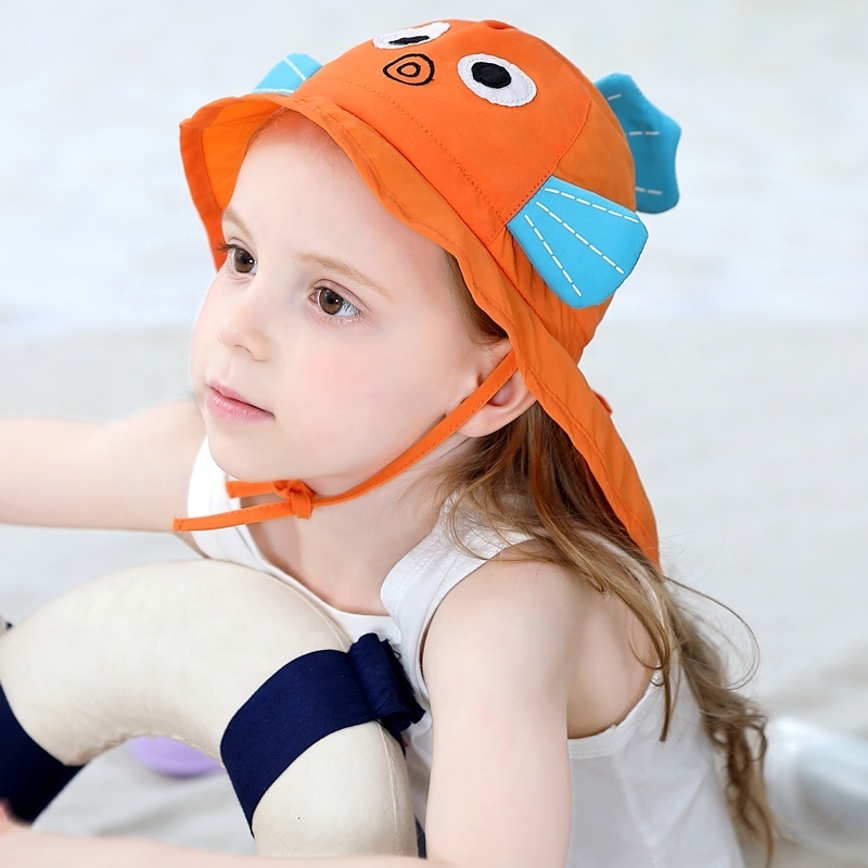 Kaavie wholesale baby kids carton goldfish character hat summer bucket flap sun cap baby uv hat