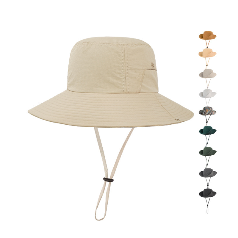 Custom Large Sizes Fishing Cap Plain Cowboy Western Wide Bucket Hat Cap Upf 50 Nylon Sun Hats For Women Summer With Rope