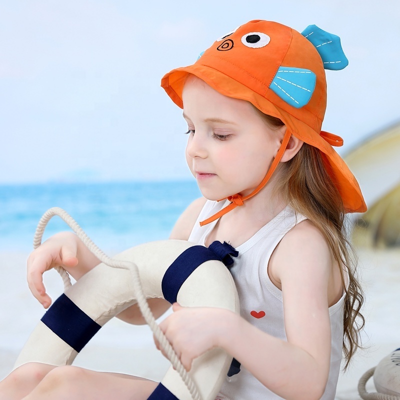 Kaavie wholesale baby kids carton goldfish character hat summer bucket flap sun cap baby uv hat