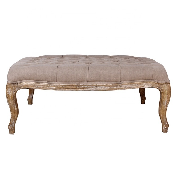 KVJ-8365 Europe Style Antique French Linen Upholstery Wood Carved Bed Stool Foot Stool Ottoman Bench