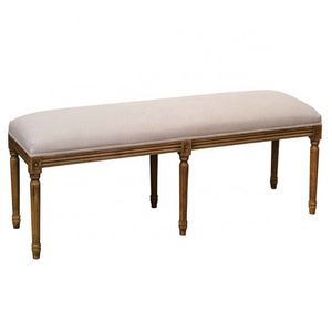 KVJ-8365 Europe Style Antique French Linen Upholstery Wood Carved Bed Stool Foot Stool Ottoman Bench