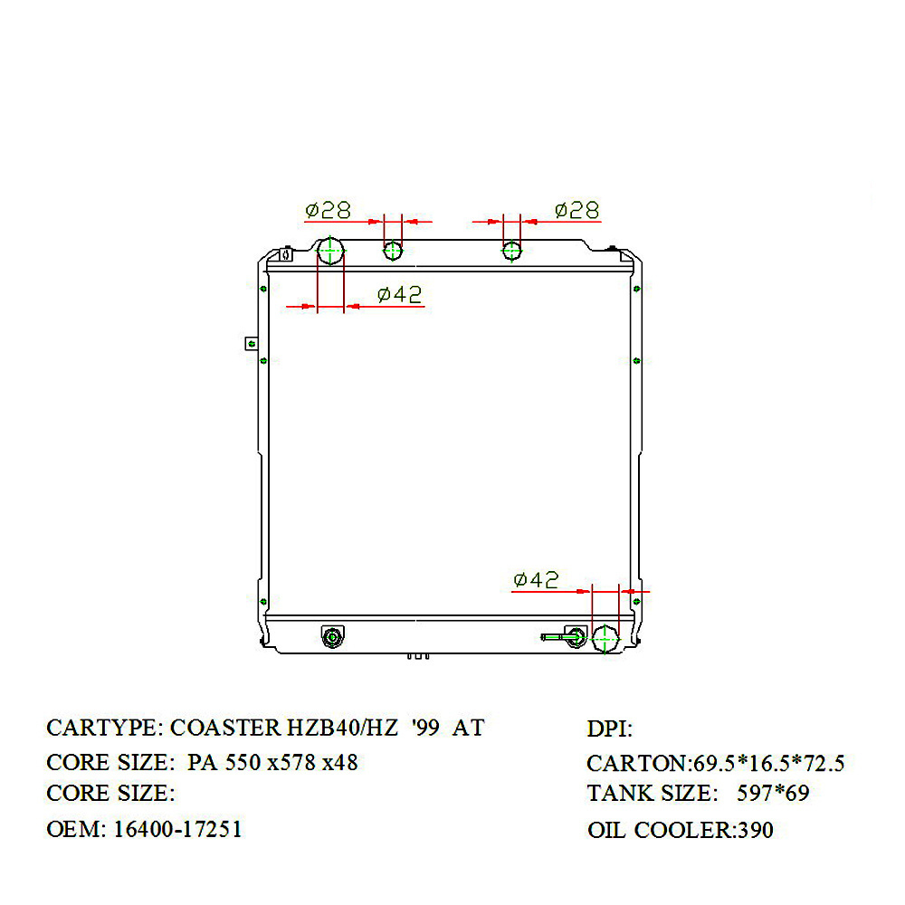 Car Spare Parts & Auto Accessories Aluminum Radiator For TOYOTA COASTER HZB40/HZ'99 AT 16400-17251/ 16400-17250