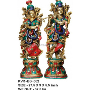 Radha Krishna Statue - Gemstone Inlay Hand Work Brass Sculpture