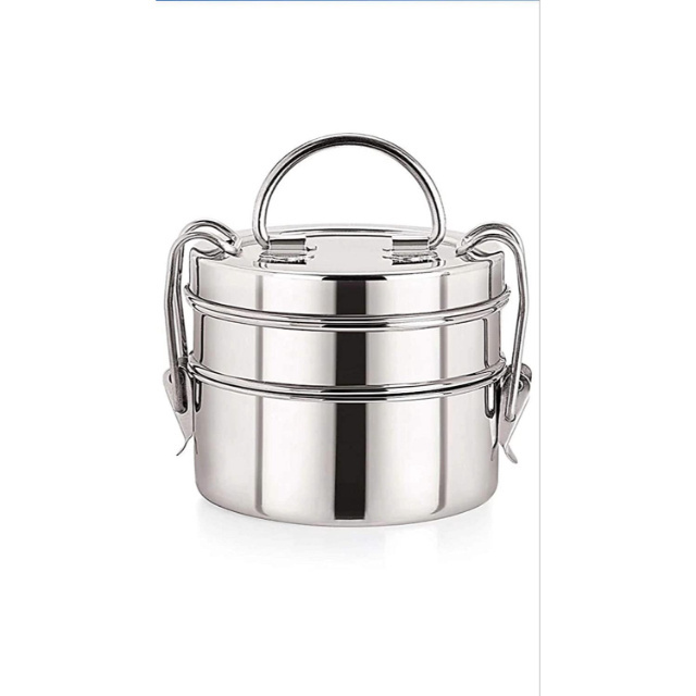 New Latest 2024 Stainless Steel Food Not leaking Round 2 Tier Tiffin Lunch Box For Kids And Adults