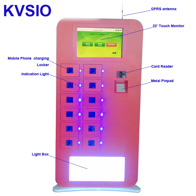 Airport bus station restaurant acredit card banknote coin operated smart cell phone mobile charging Kiosk