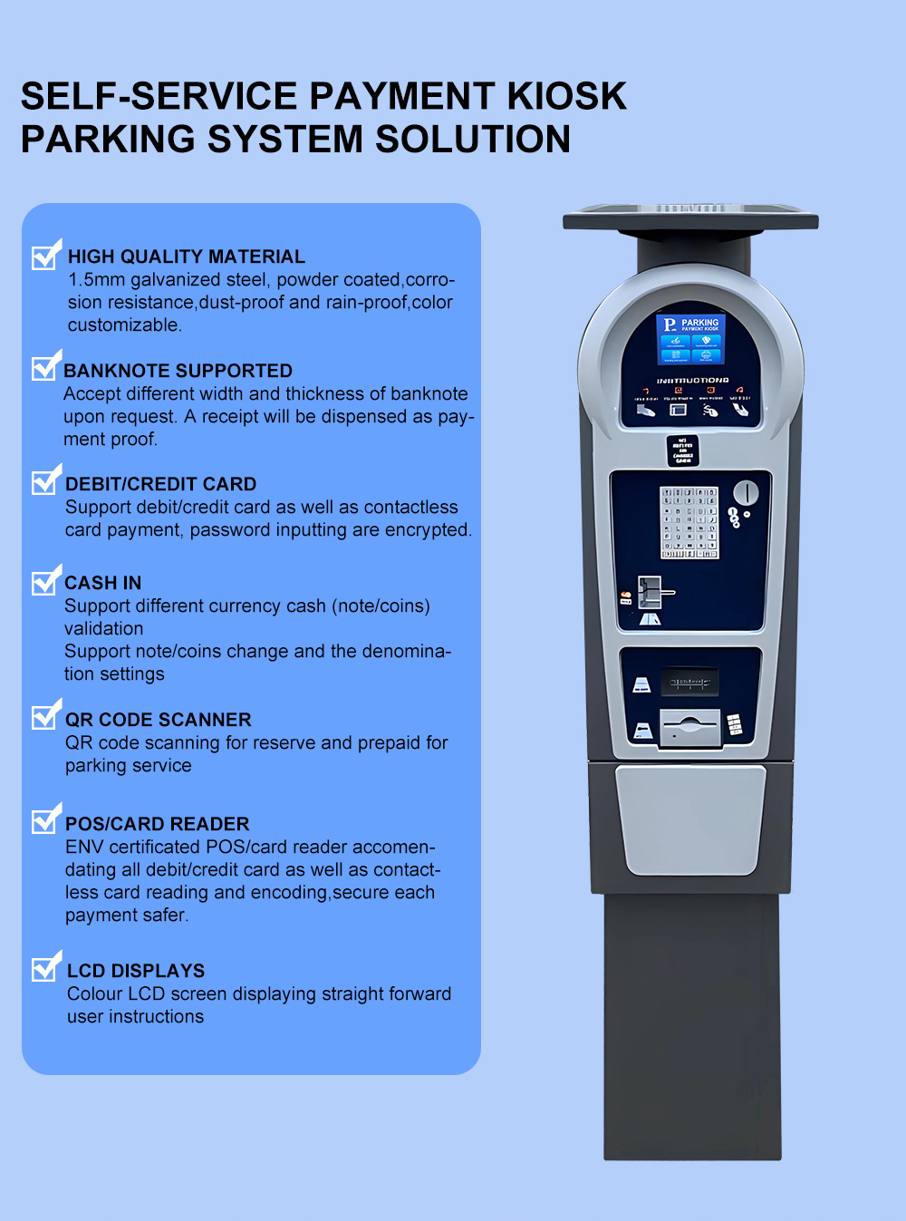 Outdoor Parking Payment Kiosk Solar Powered Parking Payment Kiosk with Cash and Card or Mobile Payment Way Atm Machine