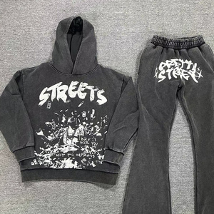 Custom High Quality Printing Tracksuit 100% Cotton French Terry  acid wash Hoodie Sweatpants and Hoodie Jogger Set