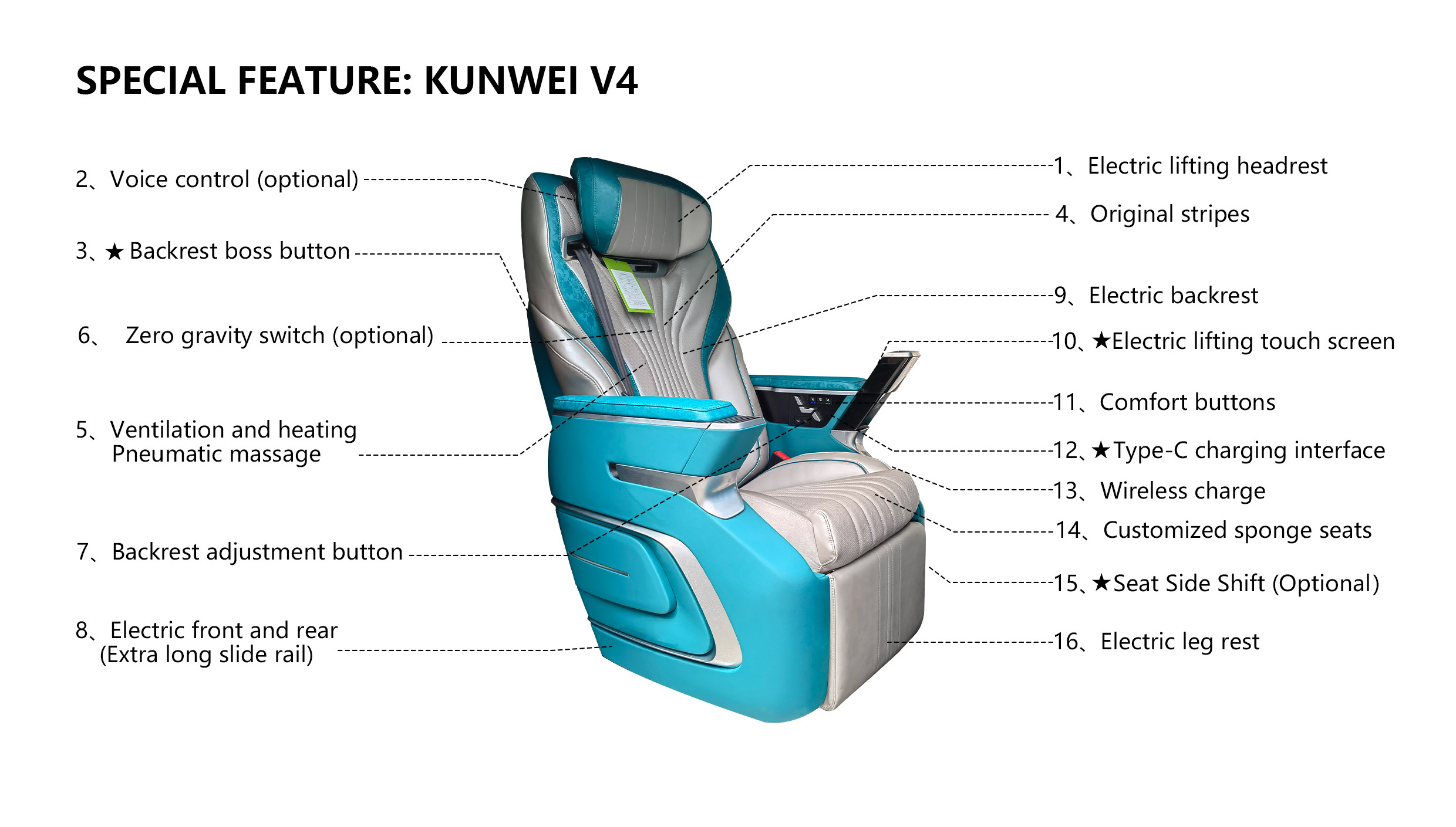 Electric luxury VIP heated massage car sprinter seat For Mercedes Benz V-Class