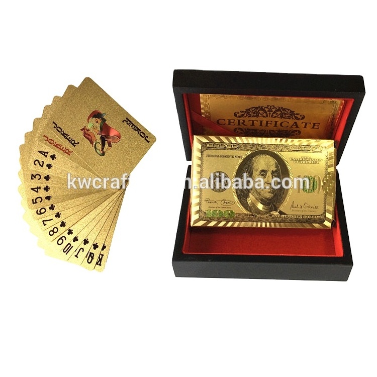 Black brown wooden box Golden poker cards 999.9 US dollar gold foil playing cards metal box