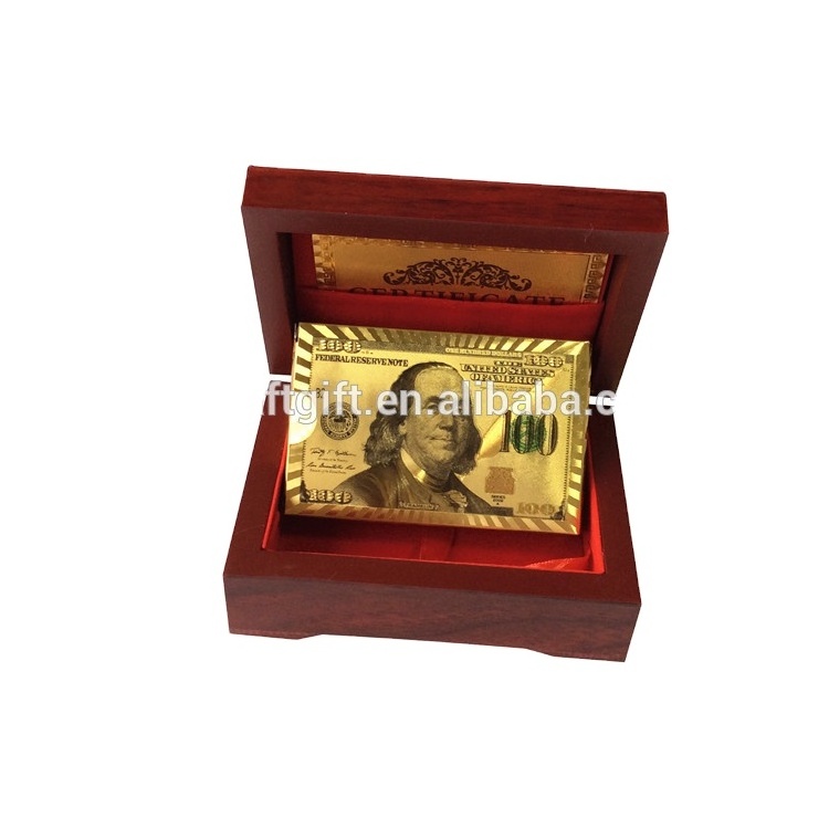 Black brown wooden box Golden poker cards 999.9 US dollar gold foil playing cards metal box