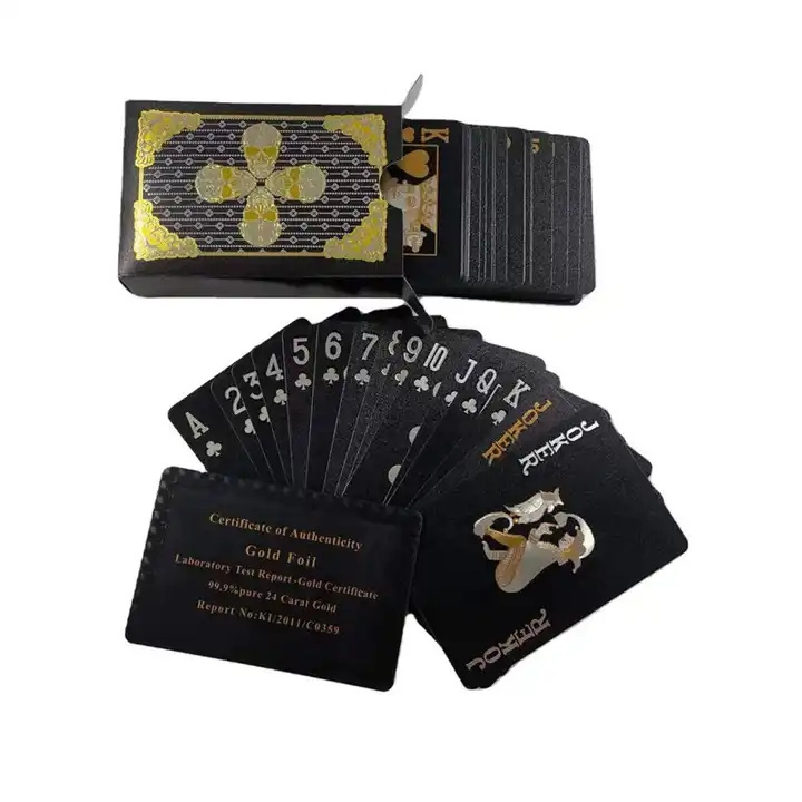 Cool new design skull printed gold foil playing cards customized entertainment game deck waterproof plastic black poker