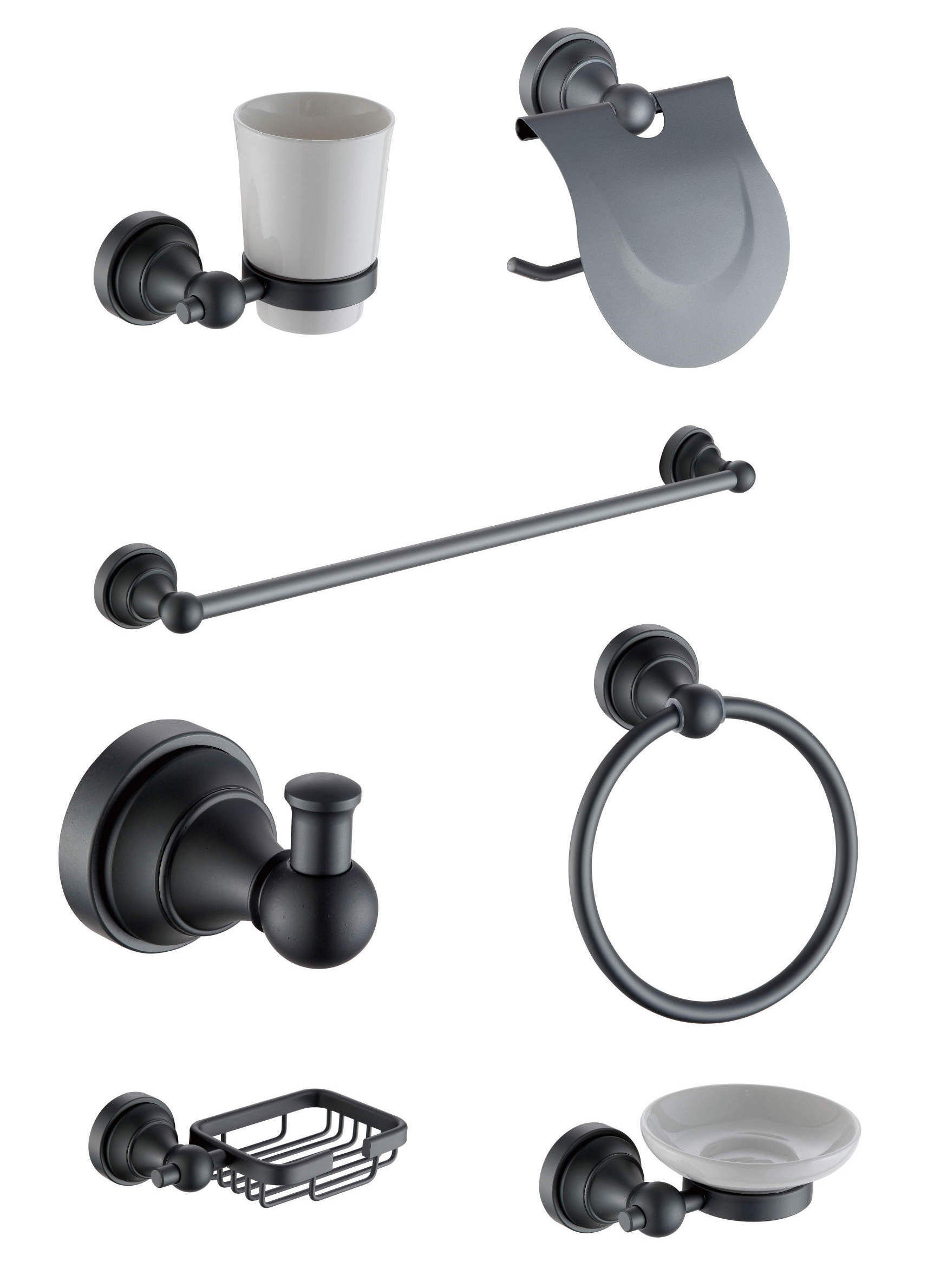 New 7pcs Zinc Alloy Matte Bathroom Hardware Sets Black Wall Mounted hardware sets include Robe hook Paper Holder Towel Bar