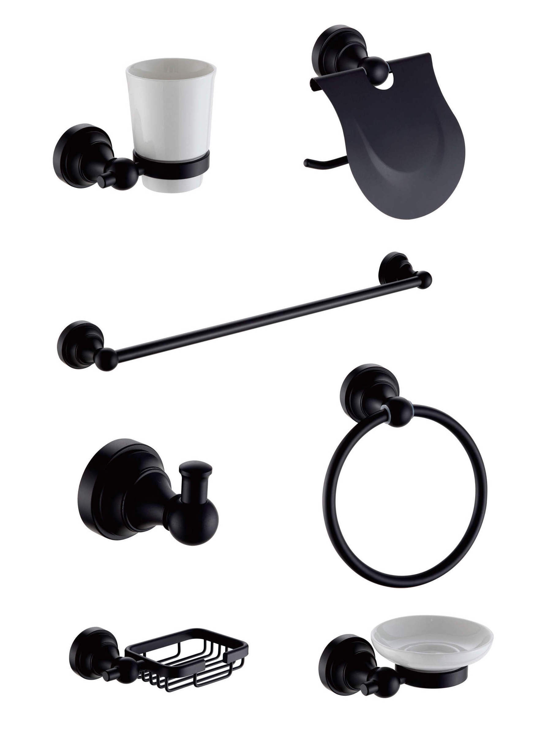 New 7pcs Zinc Alloy Matte Bathroom Hardware Sets Black Wall Mounted hardware sets include Robe hook Paper Holder Towel Bar