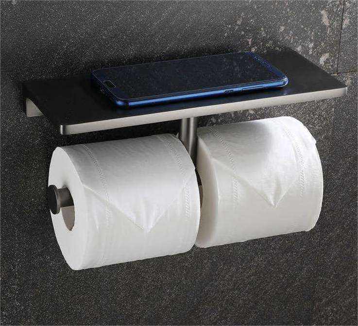 Restroom Wall Mounting Double Black Paper Roll Holder with Storage Phone Rack Shelf