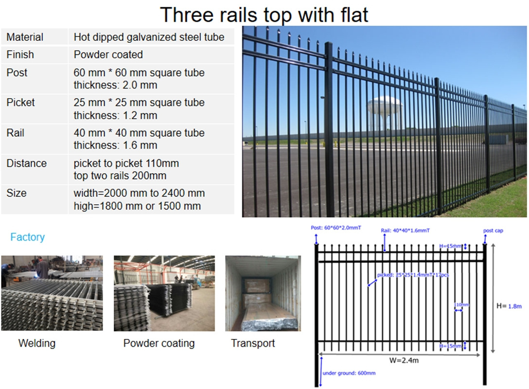 Black coated heavy duty steel palisade metal safety fence gate wrought iron