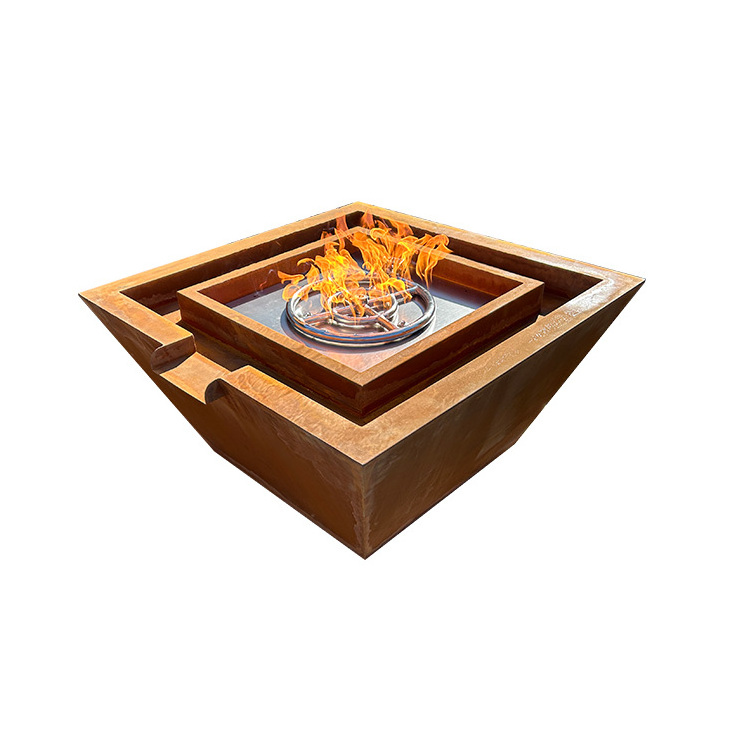 Corten Steel Gas Firepit Outdoor Propane Fireplace Heater Water Feature Gas Pool Fire Bowl