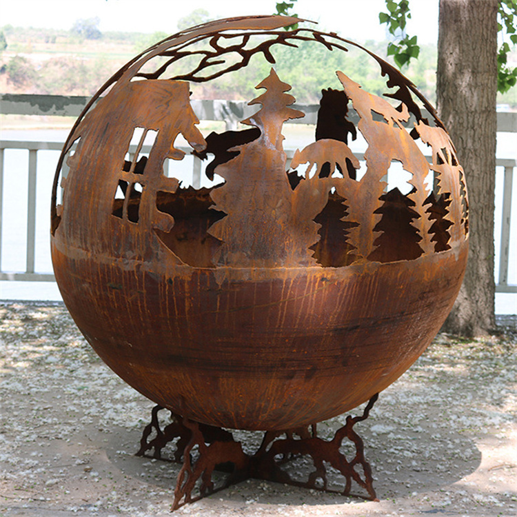 Custom Metal Globe Firepit Garden Decoration Wood Burning Fire Ball Corten Steel Sphere Fire Pit