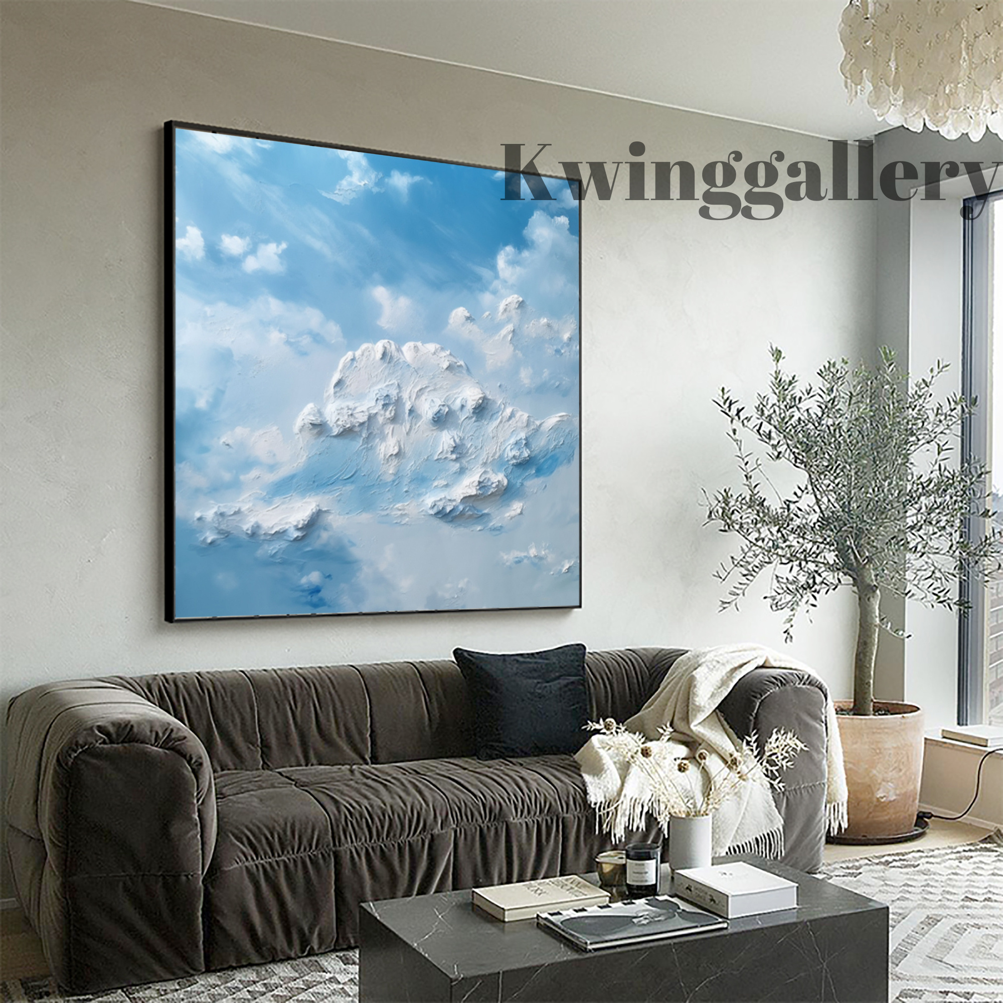 Handmade Blue Sky And White Cloud Oil Painting Abstract Landscape Home Decor Minimalist White Clouds 3D Textured Canvas Wall Art