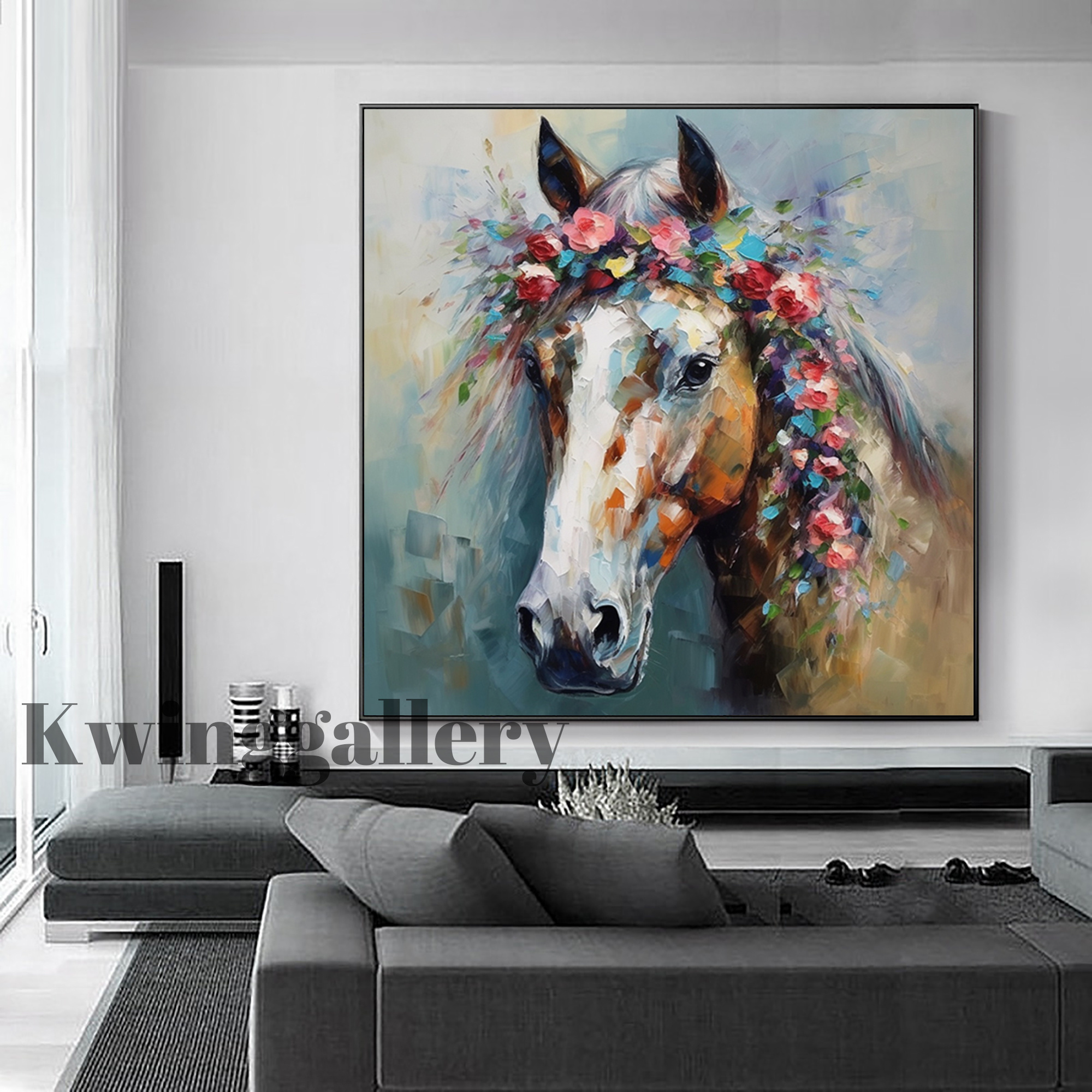 Horse With Spring Blooming Flowers Painting Animal Original Art Horse Oil Painting Horse With Flowers Art Modern Home Wall Decor