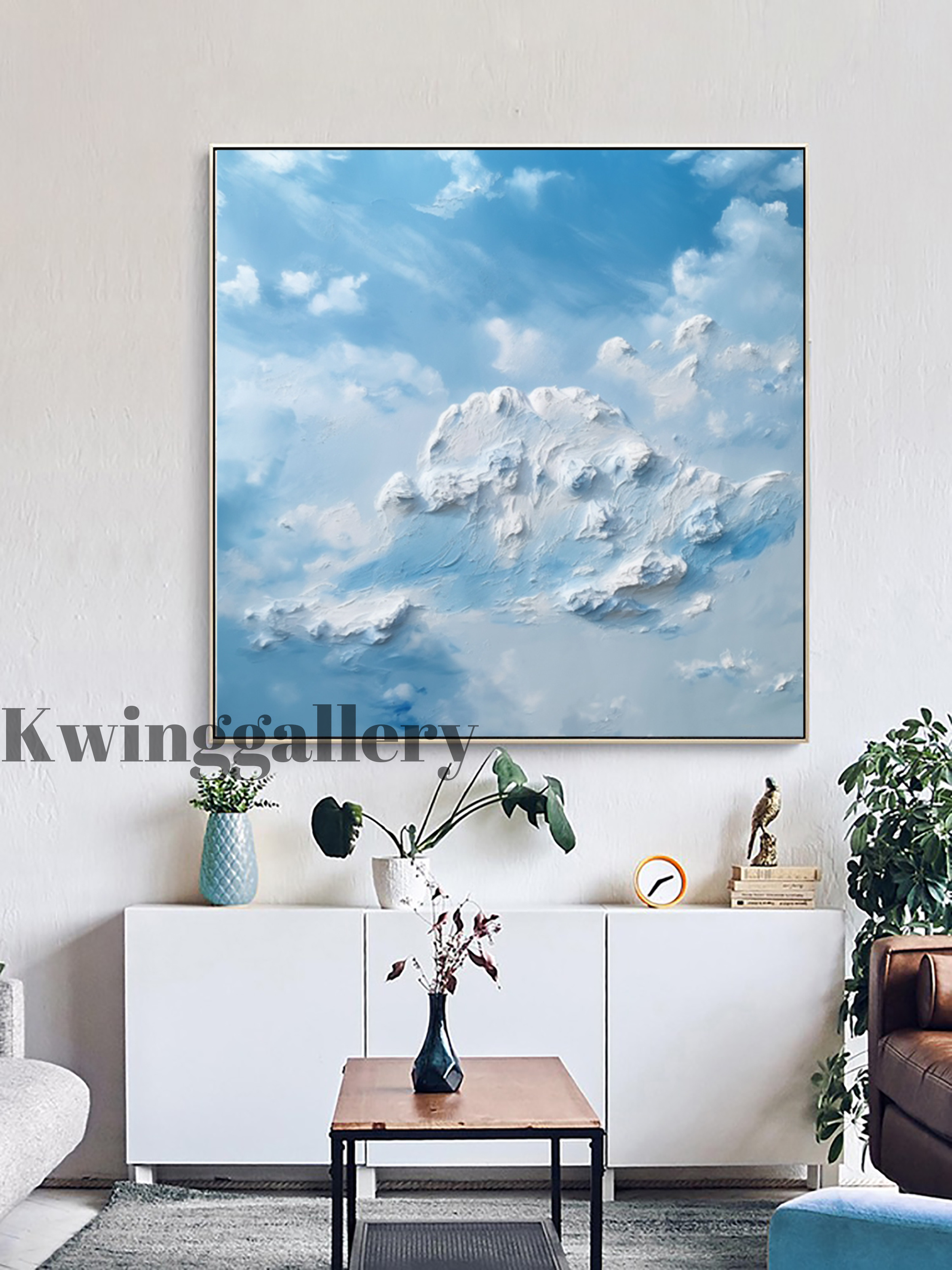 Handmade Blue Sky And White Cloud Oil Painting Abstract Landscape Home Decor Minimalist White Clouds 3D Textured Canvas Wall Art