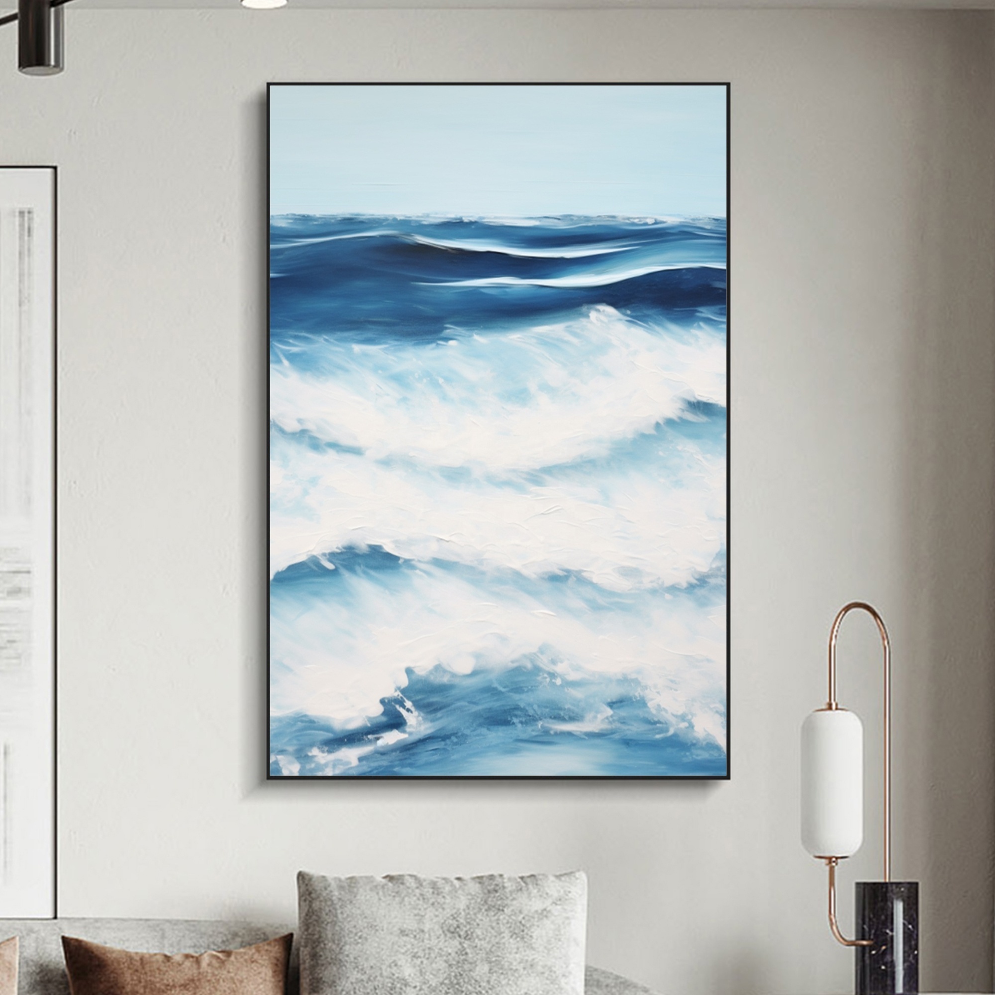 Blue Huge Wave Oil Painting on Canvas,Boho Wall Decor Hand-painted Ocean Home Decor,Wall Art Canvas Texture Painting