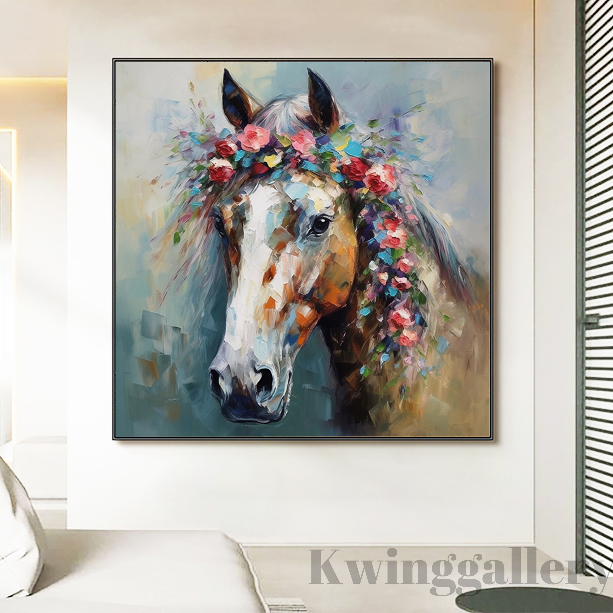 Horse With Spring Blooming Flowers Painting Animal Original Art Horse Oil Painting Horse With Flowers Art Modern Home Wall Decor