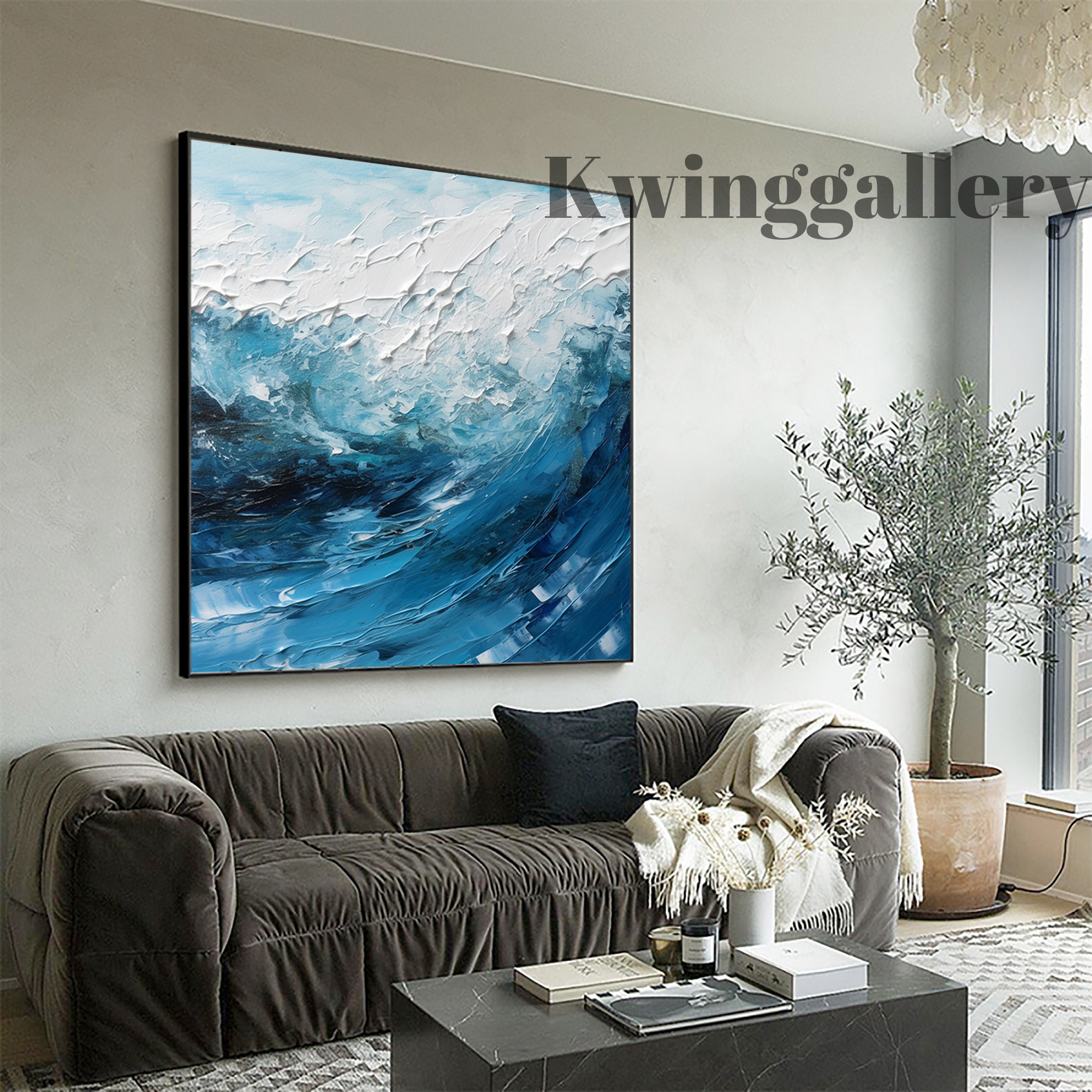 Handmade Ocean Landscape Oil Painting Original Abstract Seascape Custom Minimalist Blue Canvas Wall Art Living Room Home Decor