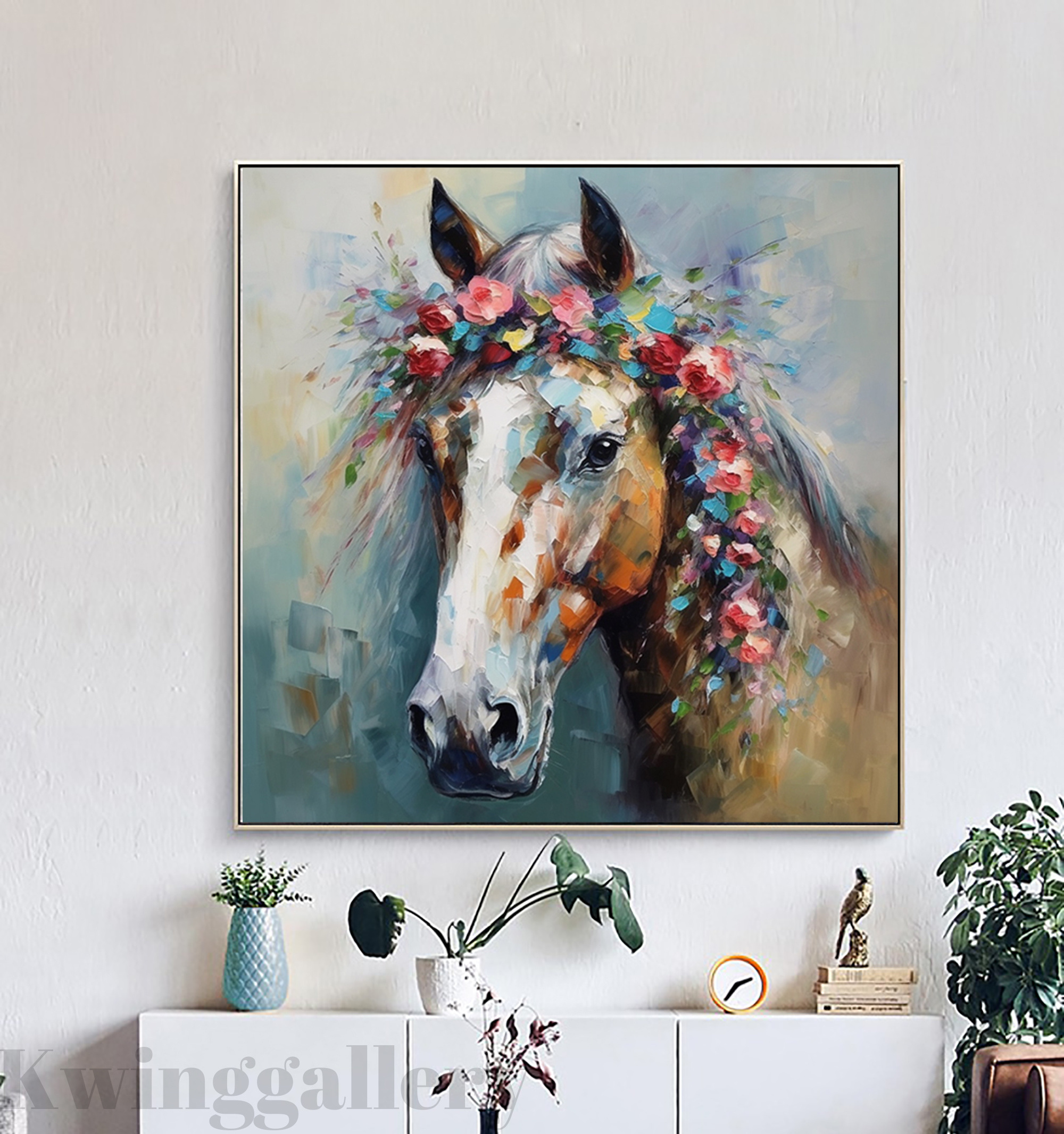 Horse With Spring Blooming Flowers Painting Animal Original Art Horse Oil Painting Horse With Flowers Art Modern Home Wall Decor