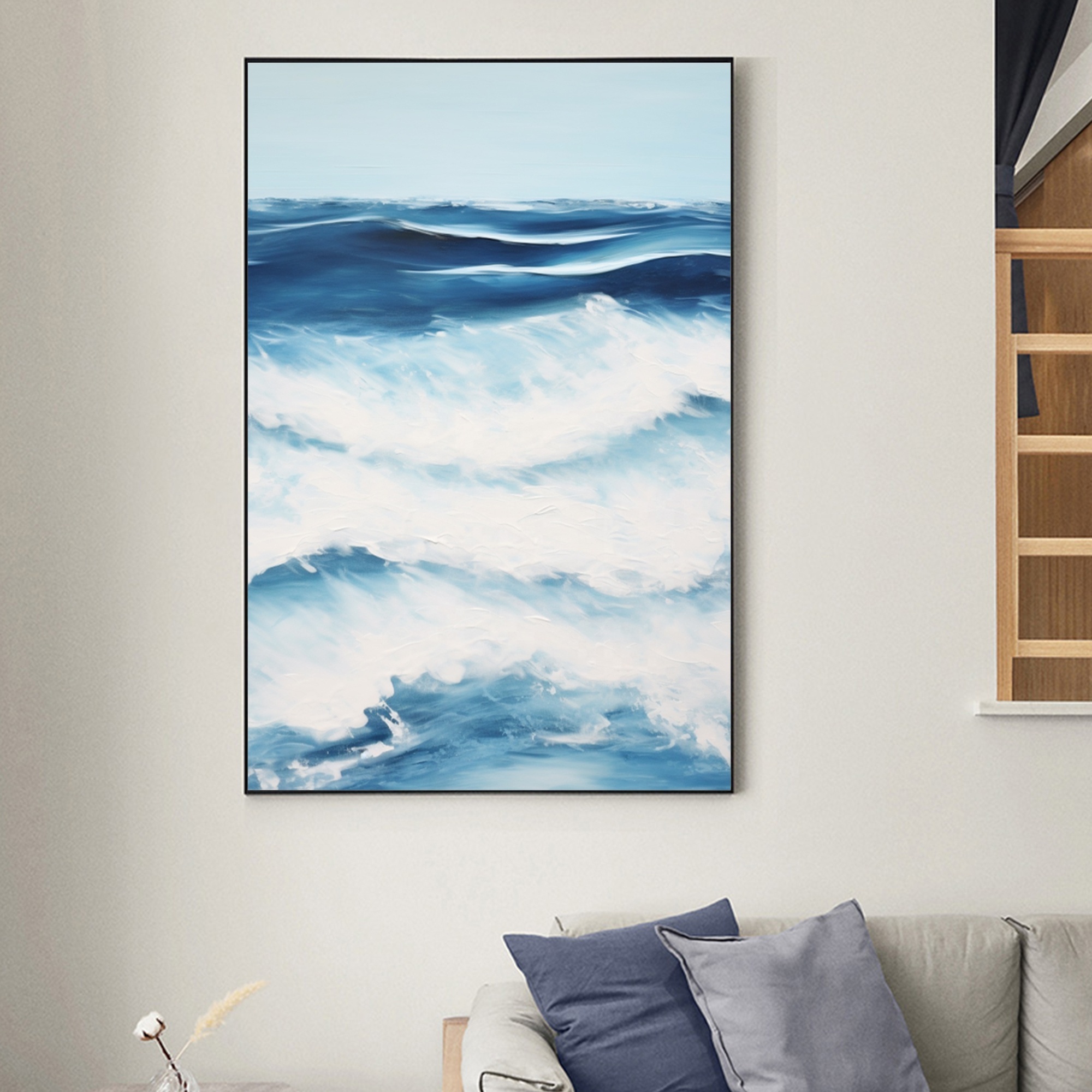 Blue Huge Wave Oil Painting on Canvas,Boho Wall Decor Hand-painted Ocean Home Decor,Wall Art Canvas Texture Painting