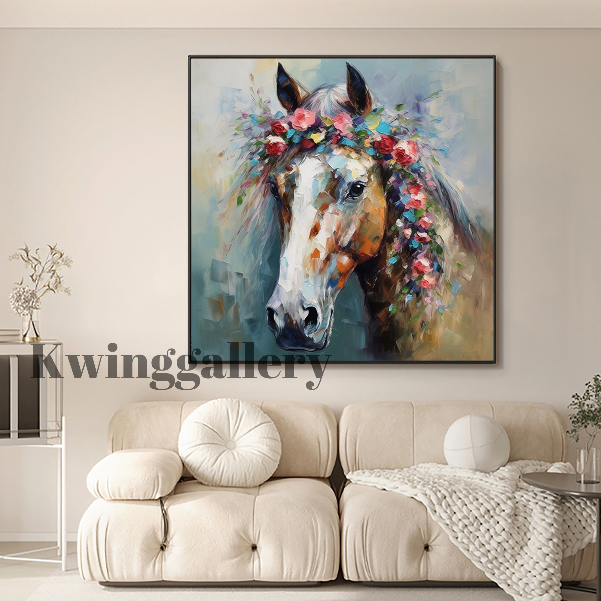 Horse With Spring Blooming Flowers Painting Animal Original Art Horse Oil Painting Horse With Flowers Art Modern Home Wall Decor