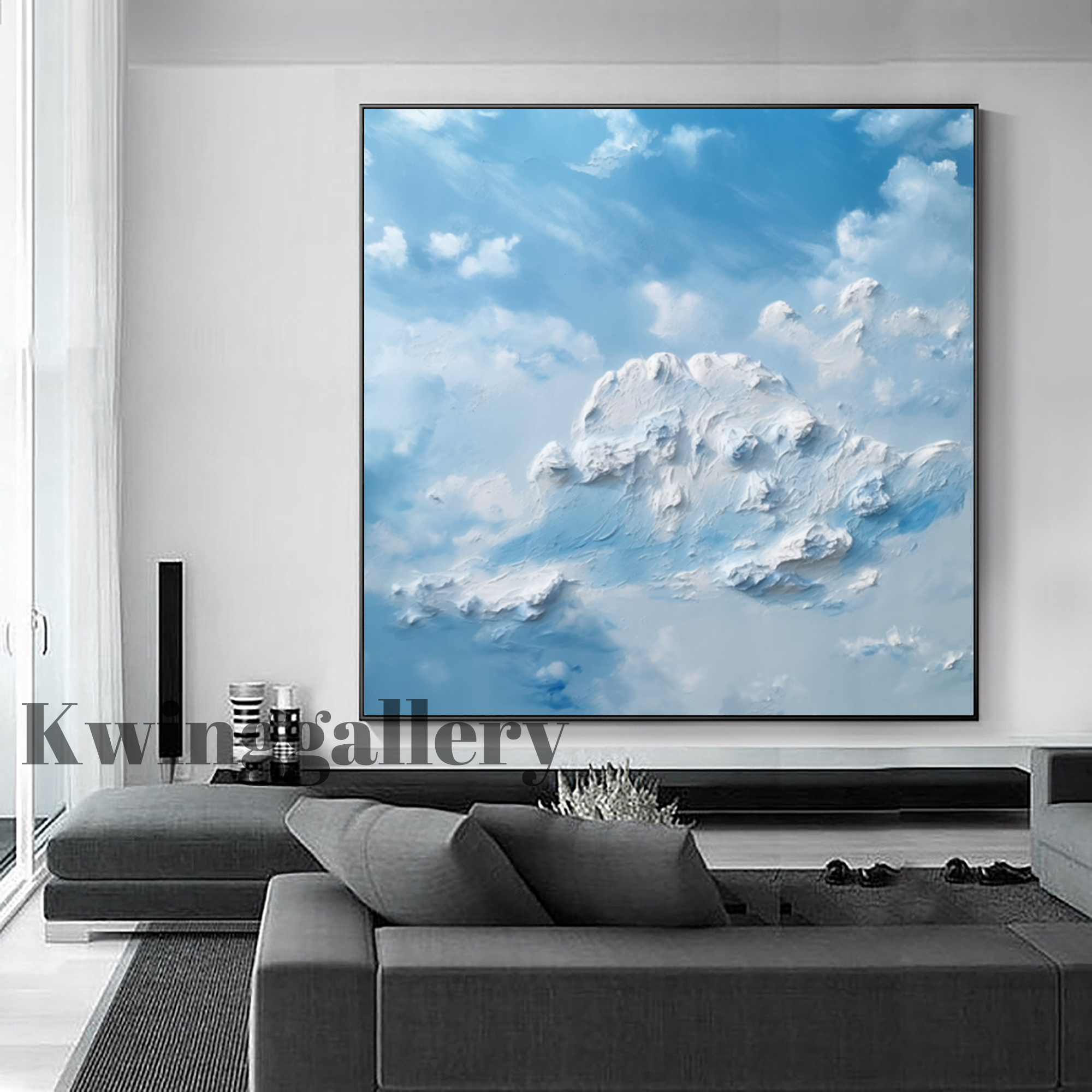 Handmade Blue Sky And White Cloud Oil Painting Abstract Landscape Home Decor Minimalist White Clouds 3D Textured Canvas Wall Art