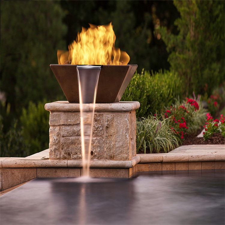 Corten Steel Fire Place Decorative Remote Controlled Gas Burning Fire Pit Waterfall Bowls