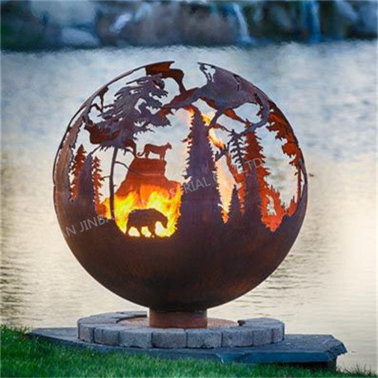 Outdoor corten steel globe fire pit sphere phoenix shape fire ball