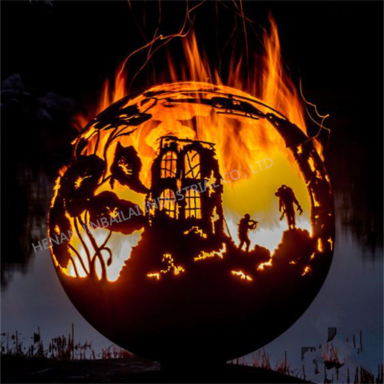 Outdoor corten steel globe fire pit sphere phoenix shape fire ball