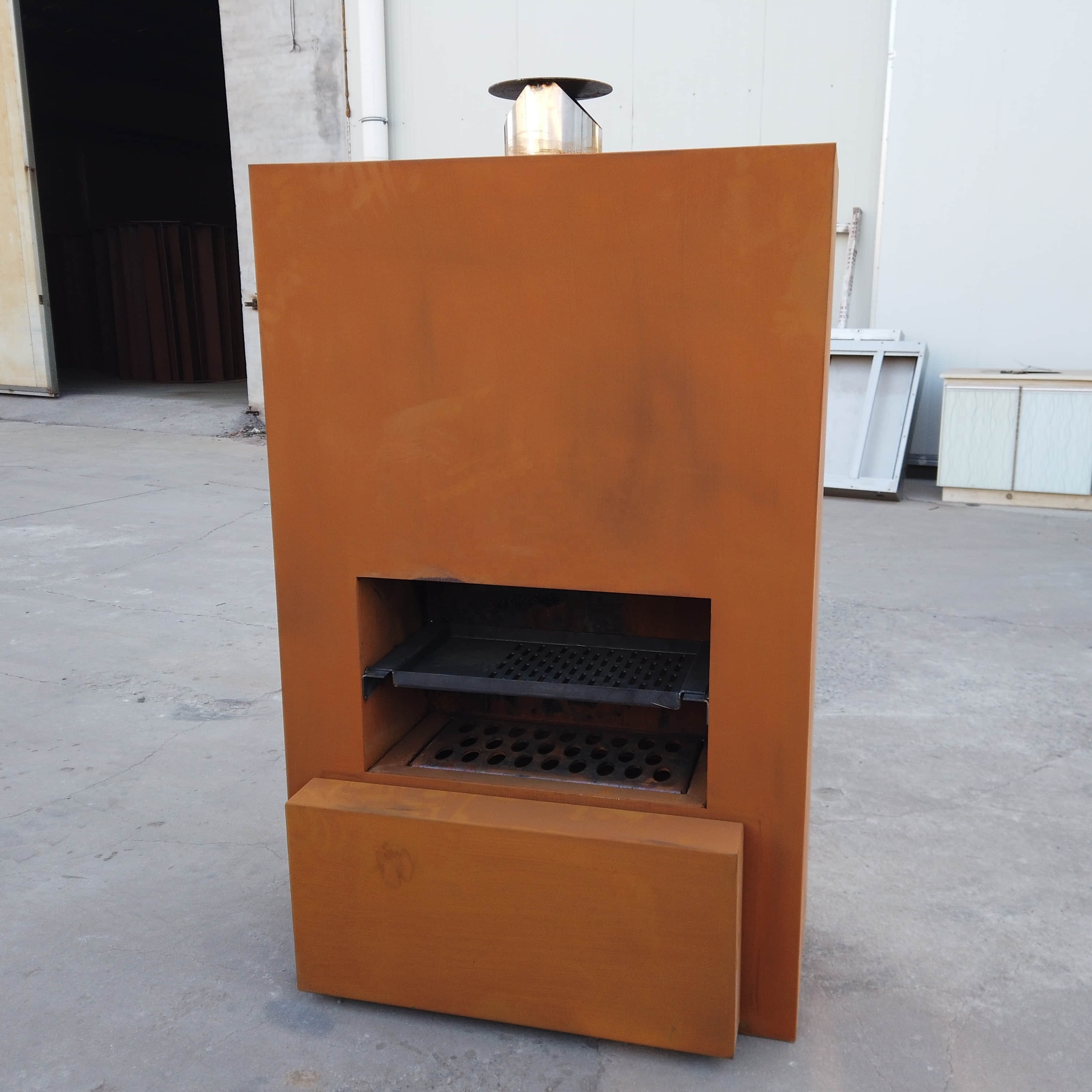 Outdoor wood burning Corten steel stoves with chimney fireplace design