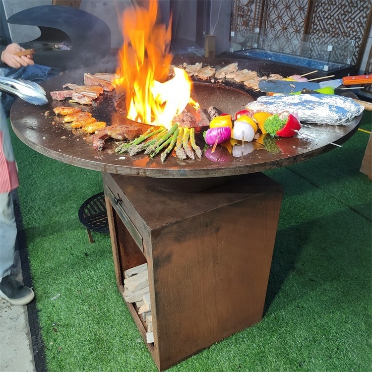 Outdoor family cooking Wood Charcoal Corten metal Fire pit BBQ Grill