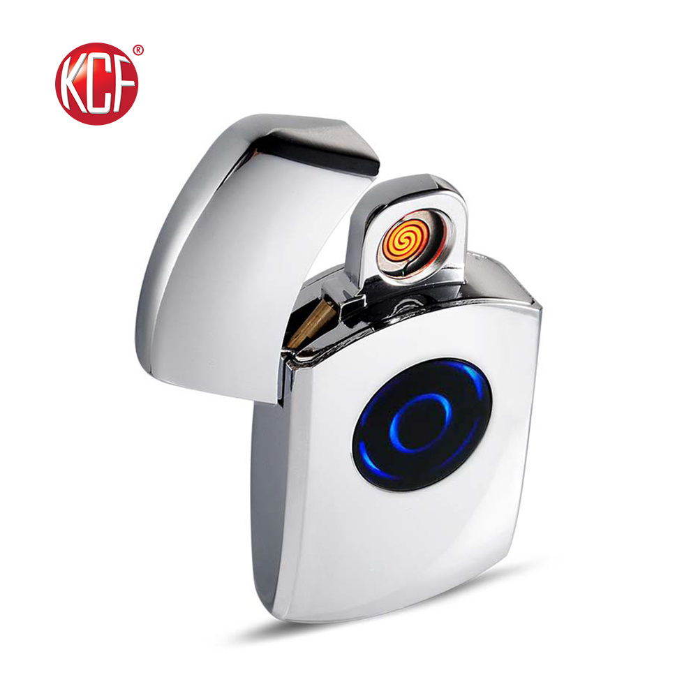 2023 New Creative/ DESIGN OEM LOGO Windproof Press Button Silver USB Lighter For Man KCF-382