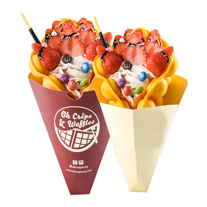 Disposable Hot Food Grade Packaging Kraft Paper Crepe Cone Bubble Waffle Holders