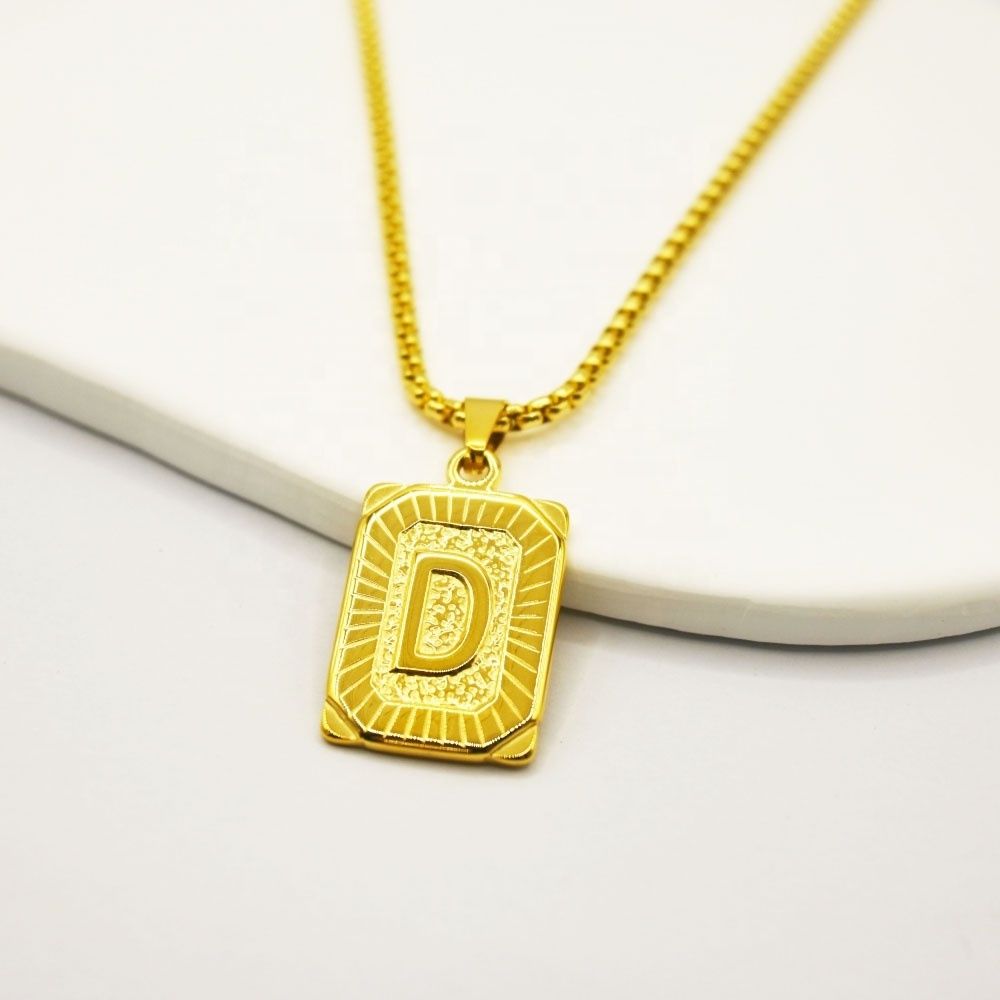 Fashion women mens recycled Stainless Steel 18k gold plated layered Square engraved letter A to Z initial jewelry Necklace