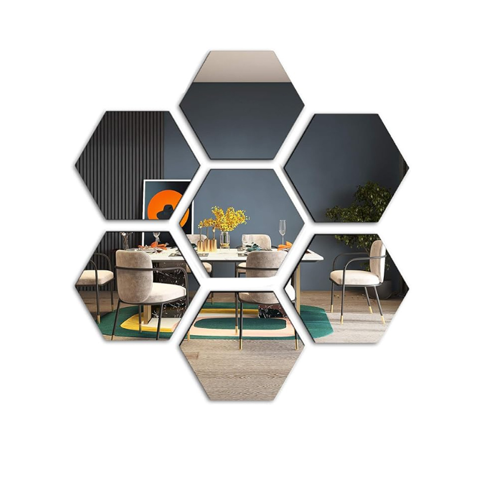 Hexagon Acrylic Mirrors 3D Wall Decor Tile Sticker, Silver Wall Decals for Bedroom Living Dining Bath Room Decorations