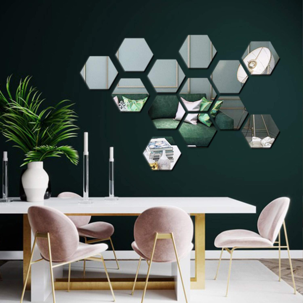 Hexagon Acrylic Mirrors 3D Wall Decor Tile Sticker, Silver Wall Decals for Bedroom Living Dining Bath Room Decorations