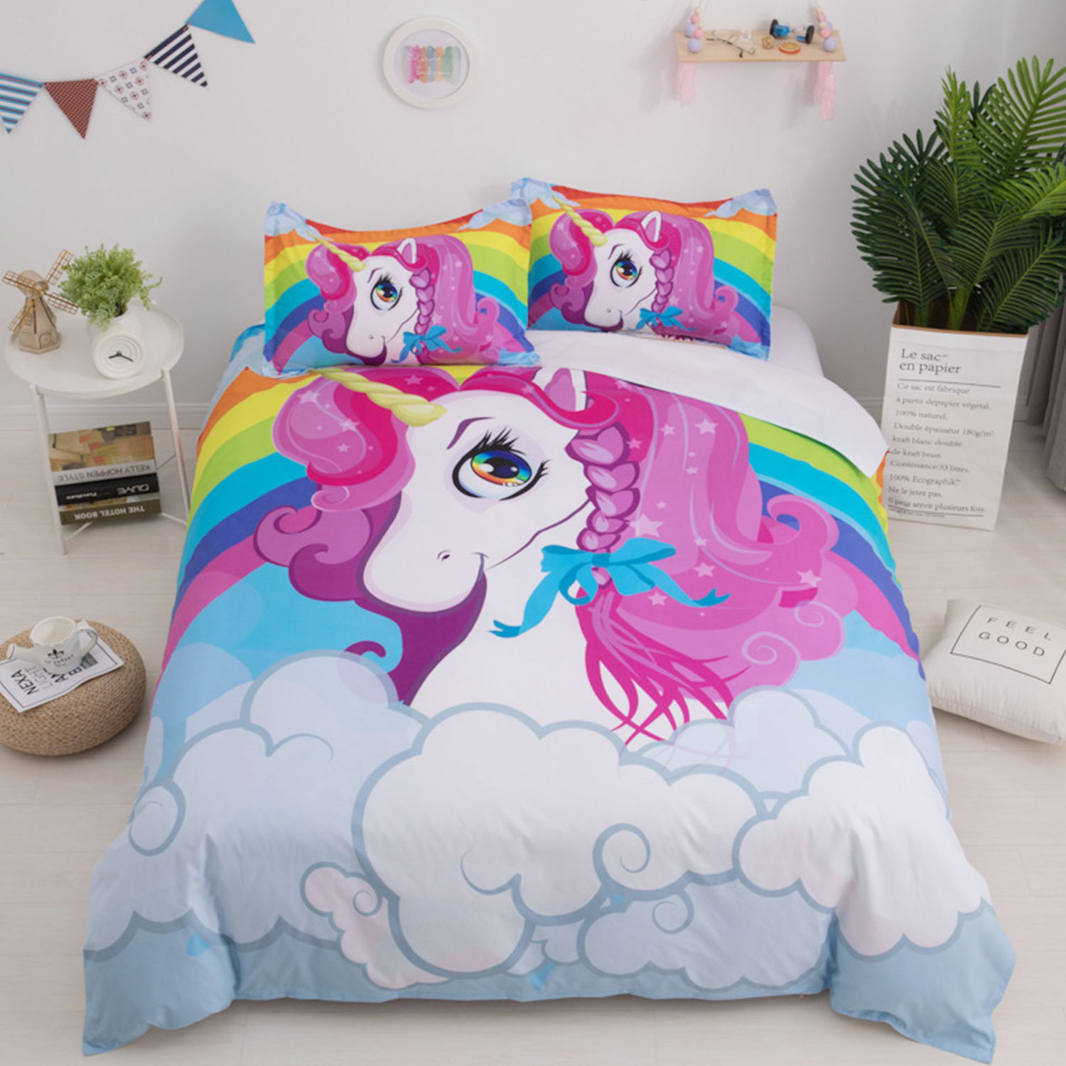 3d Printed Cartoon Unicorns Quilt Waterproof Comforter Bedding Set Fitted Bed Sheet 40 Knitted OEM & ODM Customized Size 4 Pcs