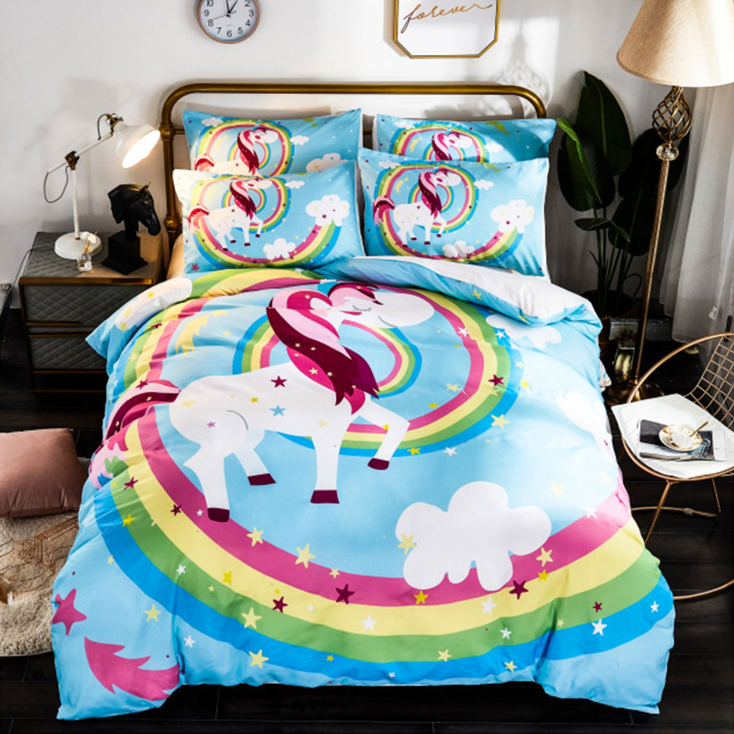 3d Printed Cartoon Unicorns Quilt Waterproof Comforter Bedding Set Fitted Bed Sheet 40 Knitted OEM & ODM Customized Size 4 Pcs