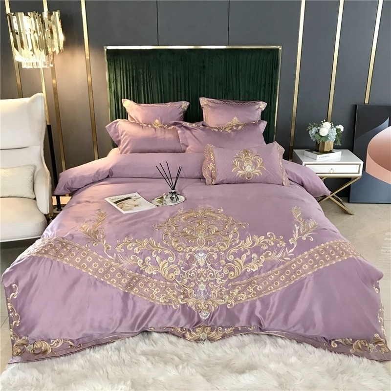 Private label elegant 100% cotton luxury purple embroidery bedding set