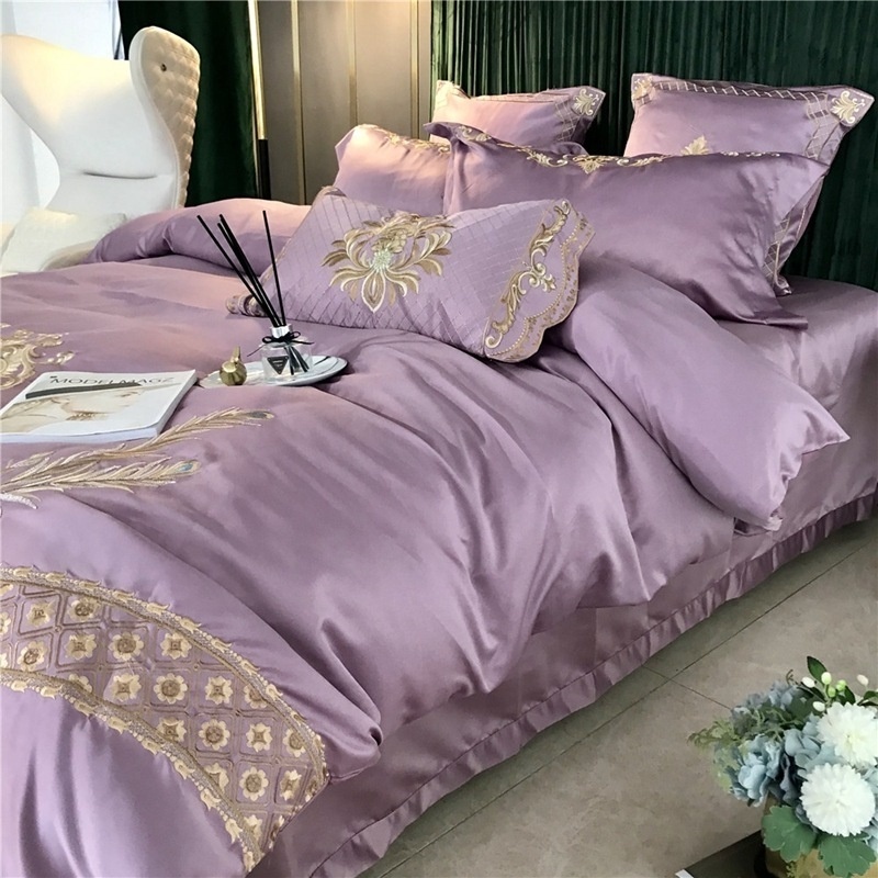 Private label elegant 100% cotton luxury purple embroidery bedding set