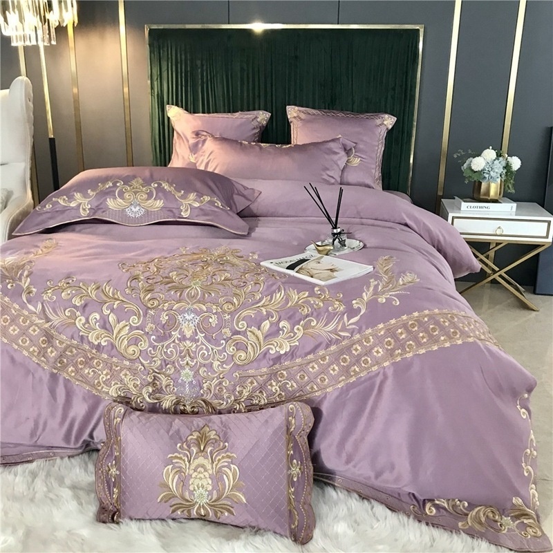 Private label elegant 100% cotton luxury purple embroidery bedding set